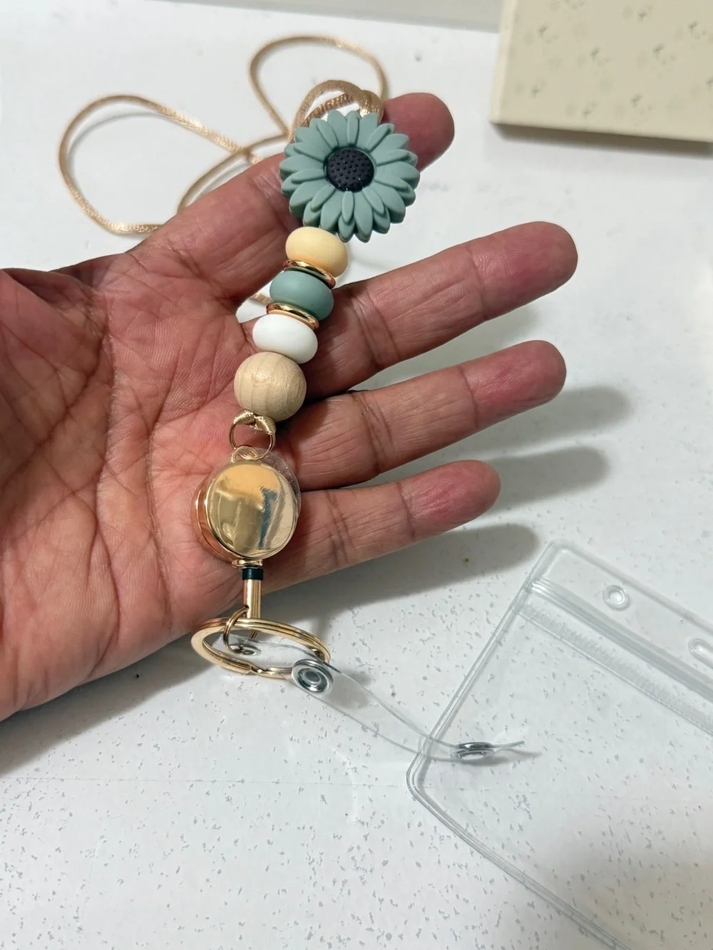 Cute Floral Bead Necklace badge holder - Light Blue & Peach brand new.